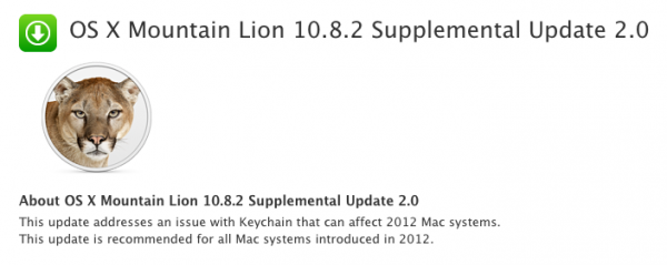 OS X Mountain Lion 10.8.2 Supplemental Update 2.0 Apple lanza una actualización 'suplemental' para OS X Mountain Lion 10.8.2