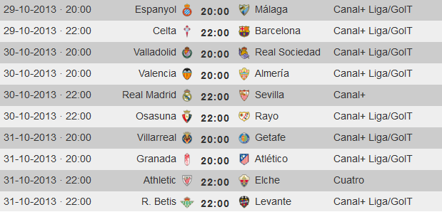 Liga Española 2013-2014 1ª División: horarios y retransmisiones de la Jornada 11