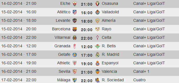 Liga Española 2013-2014 1ª División: horarios y retransmisiones de la Jornada 24