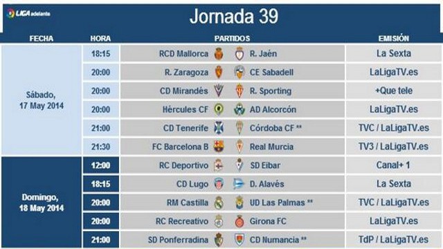 Liga Española 2013-2014 2ª División: horarios y retransmisiones de la Jornada 39