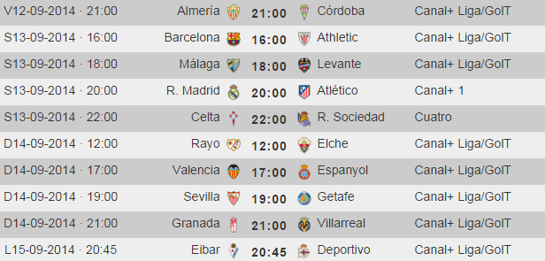 Liga Española 2014-2015 1ª División: horarios y retransmisiones de la Jornada 3