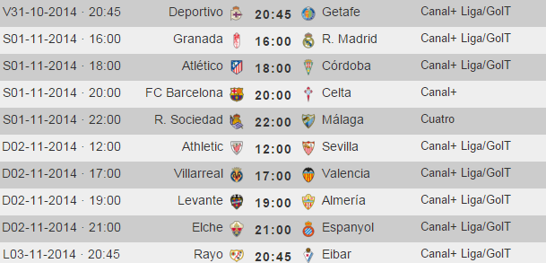 Liga Española 2014-2015 1ª División: horarios y retransmisiones de la Jornada 10