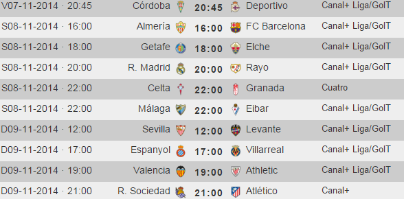 Liga Española 2014-2015 1ª División: horarios y retransmisiones de la Jornada 11