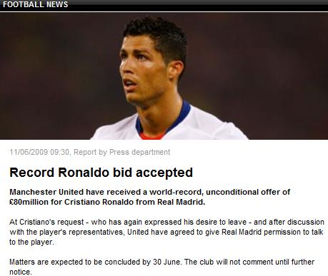 El Manchester United acepta la oferta del Real Madrid por Cristiano Ronaldo