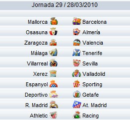 Liga Española 2009/10 1ª División: horarios y retransmisiones de la Jornada 29 con Mallorca-Barcelona y R.Madrid-Atlético