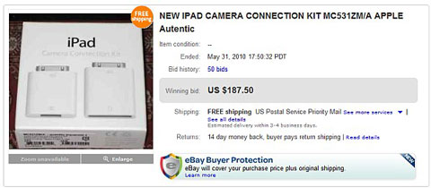 El iPad Camera Connection Kit muy caro en eBay