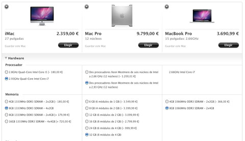 Comparador de configuraciones en la Apple Store Online