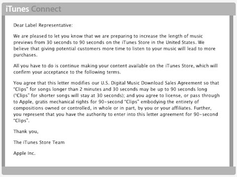 Apple aumenta las muestras de música de iTunes a 90 segundos