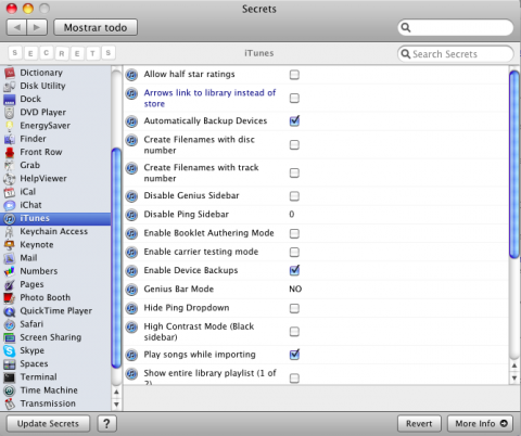 Secrets: una base de datos de opciones ocultas para Mac OS X