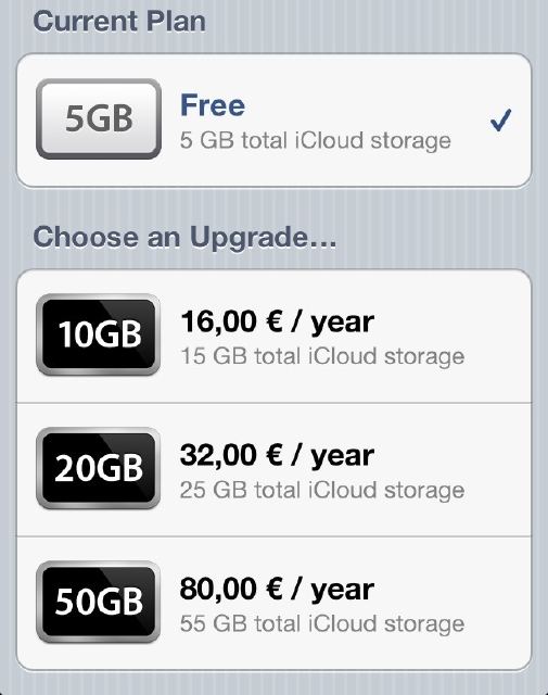 Posibles precios de las ampliaciones de capacidad de iCloud