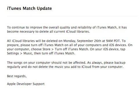 Las bibliotecas de iTunes Match en iCloud para desarrolladores serán borradas hoy