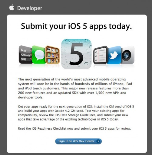 Apple anima a los desarrolladores a enviar sus aplicaciones para iOS 5 antes del 12 de Octubre