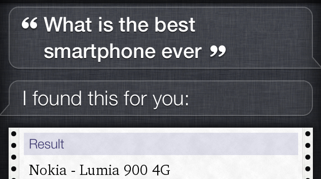 Siri dice que el Nokia Lumia 900 es el mejor smartphone conocido