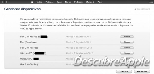 Sección de gestión de dispositivos en la iTunes Store