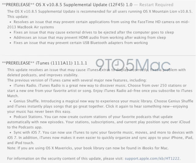 Los empleados de Apple también están probando iTunes 11.1.1 y una actualización suplementaria de OS X 10.8.5