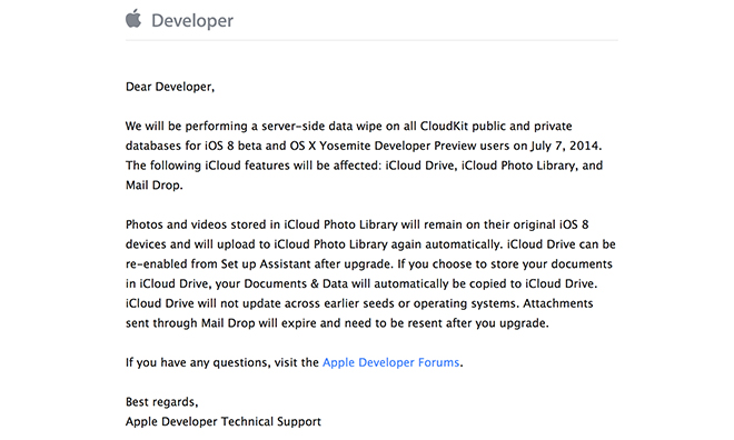 Apple hará limpieza en los servidores de CloudKit para iOS 8 y Yosemite el próximo 7 de Julio