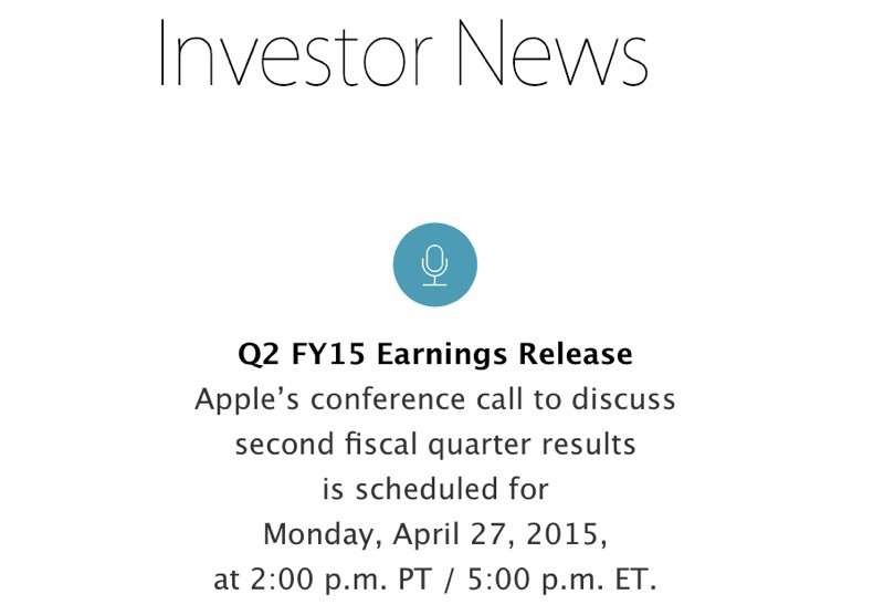 Apple presentará los resultados de su segundo Cuarto Fiscal de 2015 el próximo 27 de Abril