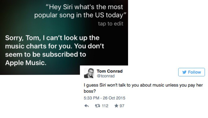 Siri no responde a preguntas sobre música si no estás suscrito a Apple Music