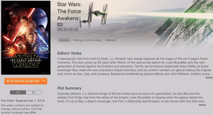 Force Awakens iTunes