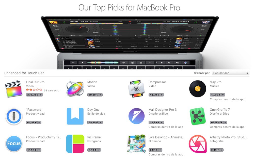 Apple promociona en la Mac App Store las aplicaciones que soportan la Touch Bar del nuevo Macbook Pro