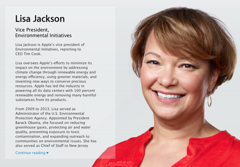 Lisa Jackson, responsable del Departamento de medio ambiente de Apple, galardonada con el Environmental Award 2018