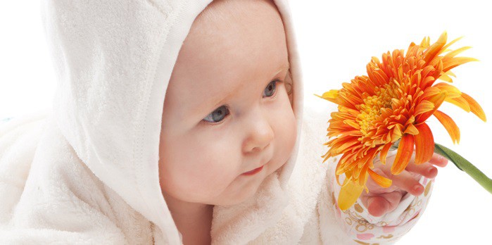 bebe mirando una flor