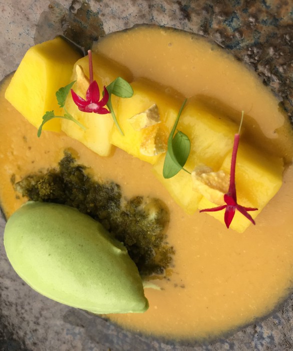 Curry frío con mango, piña y cremoso de albahaca 1