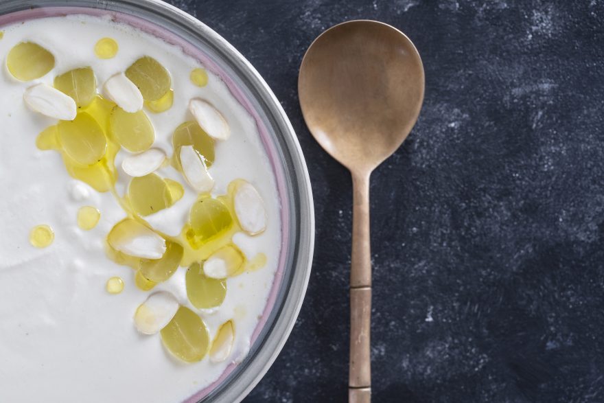 Traditional Spanish Dish, Cold Soup Ajo Blanco Or Ajoblanco From Garlic, Almonds, White Wine Vinegar, Olive Oil And Grapes