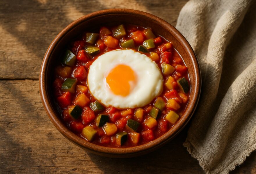 Pisto manchego tradicional: la receta lenta con huevo escalfado