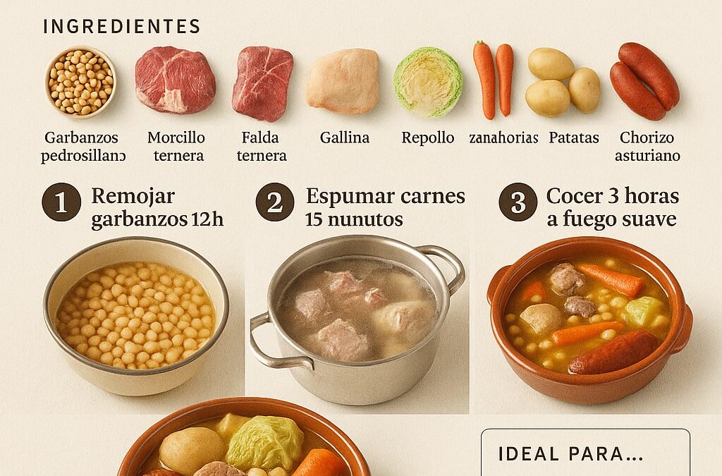 Cocido madrileño en tres vuelcos: cantidades para 6 y tiempos reales