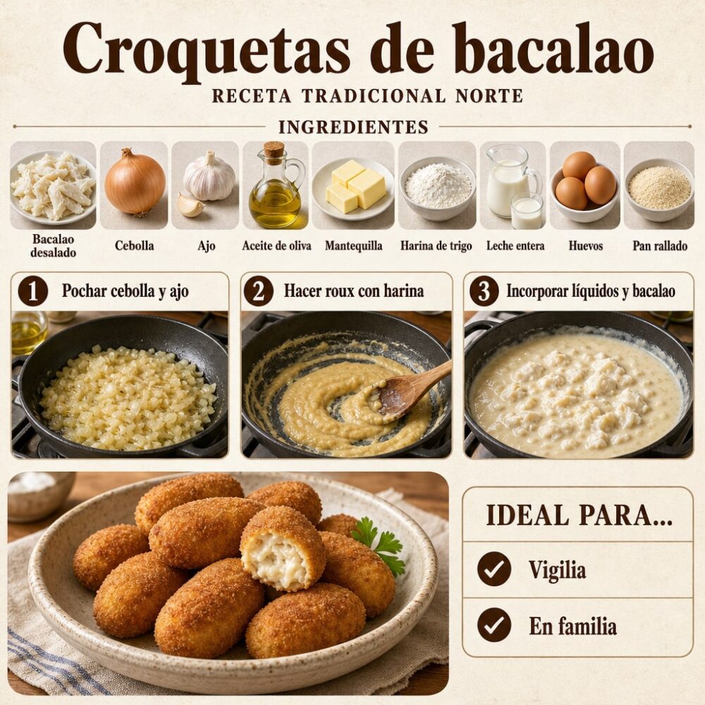 Croquetas de bacalao cremosas: bechamel al punto y rebozado que no se abre
