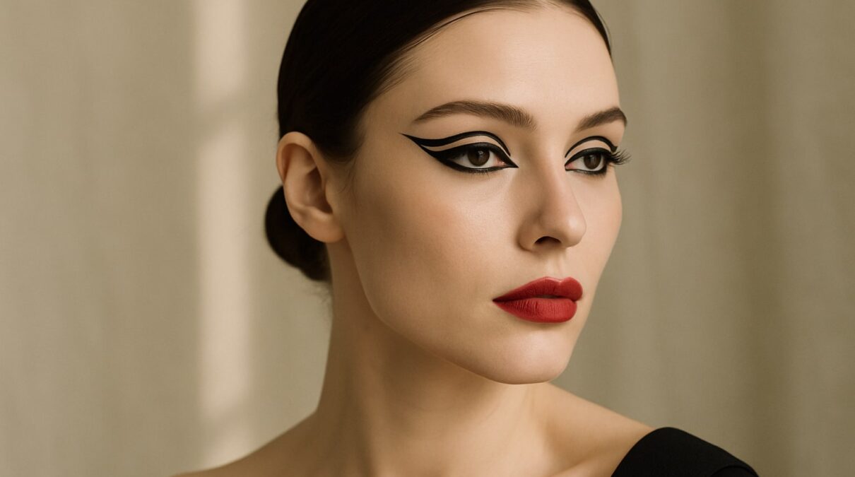 Maquillaje de invierno para alfombra roja: piel de porcelana y ojo gráfico
