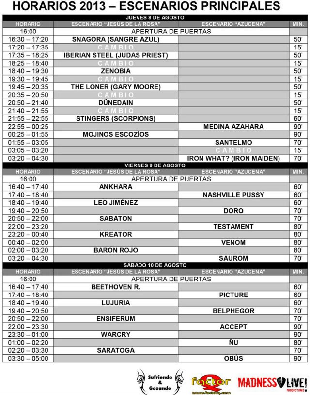 Leyendas del Rock 2013 horarios generales