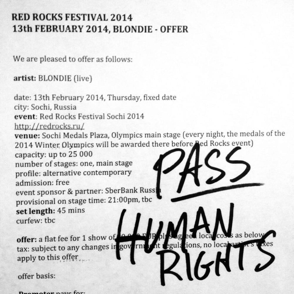 Blondie renuncian a tocar en los juegos olímpicos de Sochi