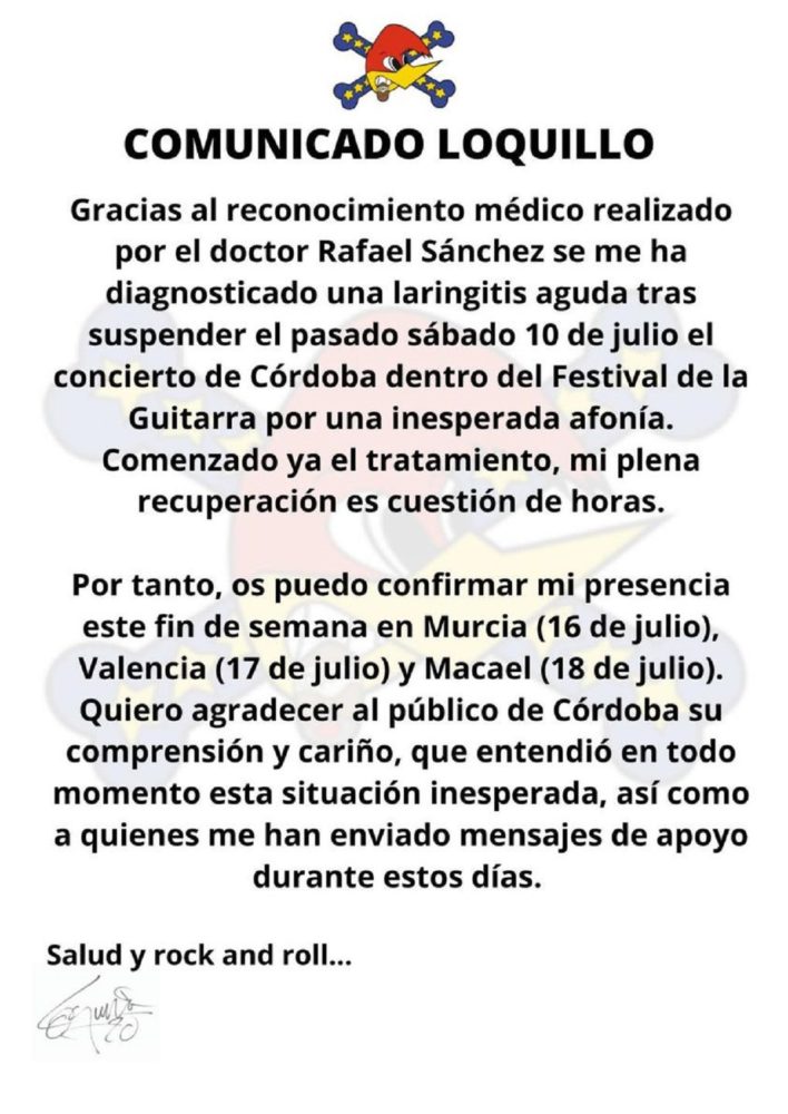 Loquillo, comunicado oficial sobre la cancelación de su concierto en Córdoba