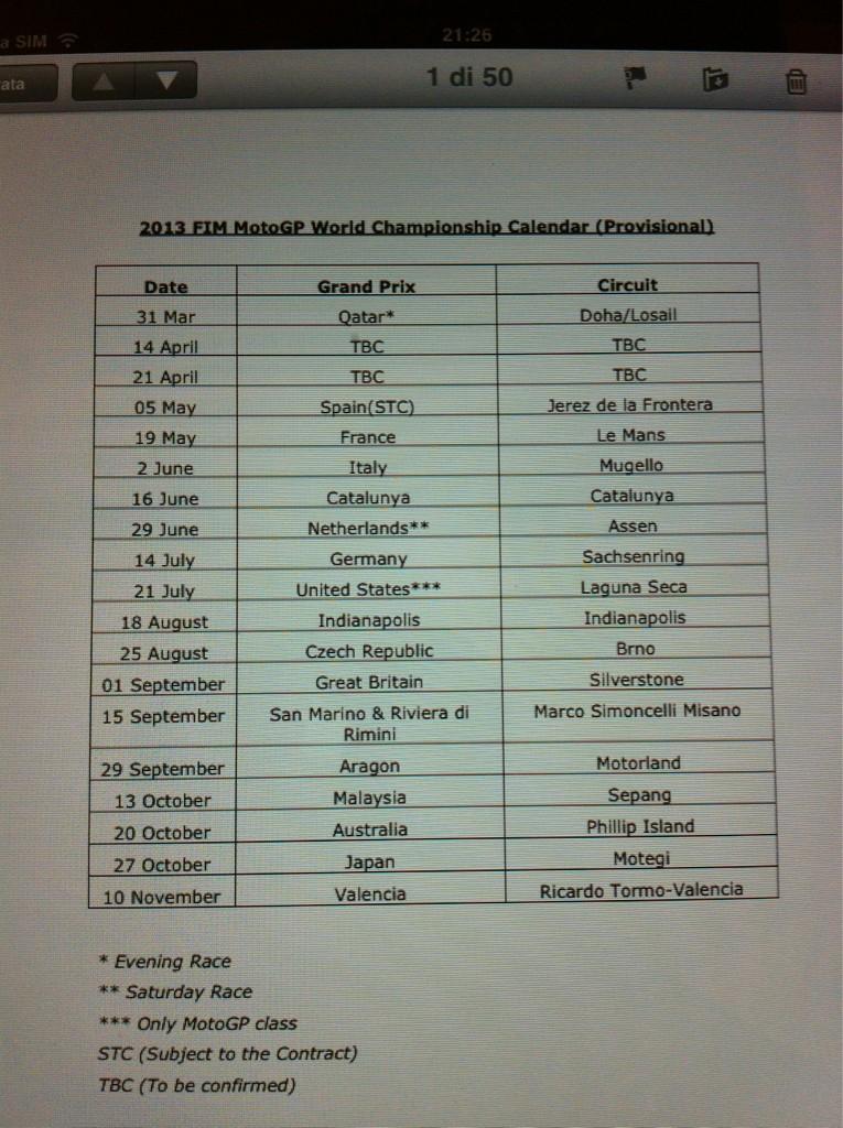 Calendario provisional para el Mundial de MotoGP 2013