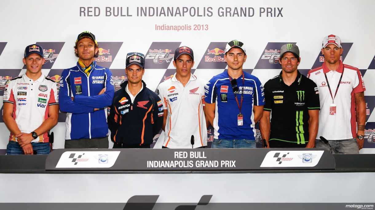 Spies, Bradl, Márquez, Rossi, Lorenzo, Pedrosa y Crutchlow con la prensa en Indy