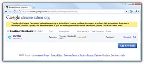 La galería de extensiones de Chrome abierta para los desarrolladores