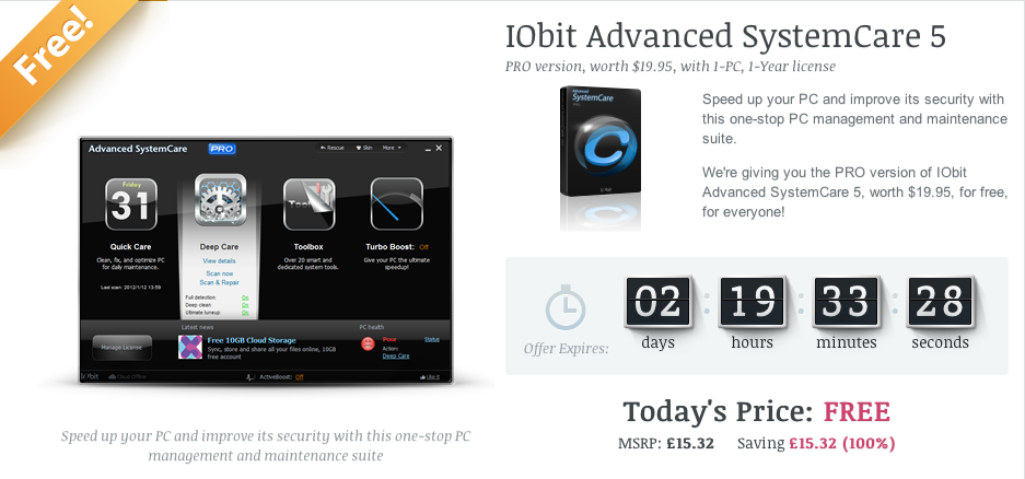 Obtén gratis IObit Advanced SystemCare PRO 5 (válido para las siguientes 48 horas)