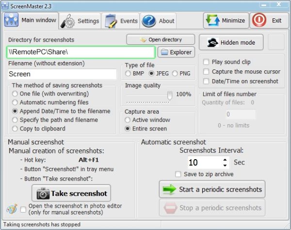 Screenmaster: toma instantáneas de la pantalla con una frecuencia determinada