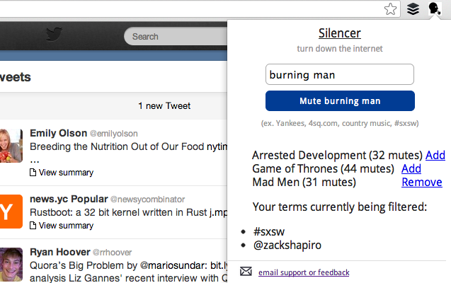 Silencer, extensión de Chrome para filtrar contenido en Twitter y Facebook